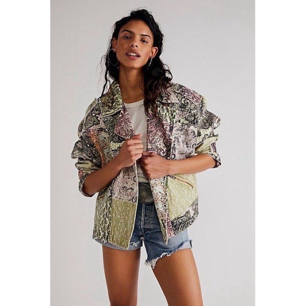 Free People Nadia Moto Jacket Patchwork Paisley Floral Green Pink Small